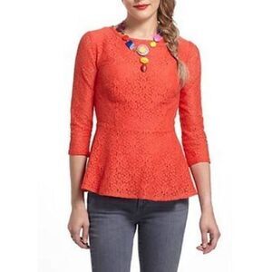 Anthropologie Moulinette Soeurs Orange Lace Peplum 3/4 Sleeve Top - Size 0